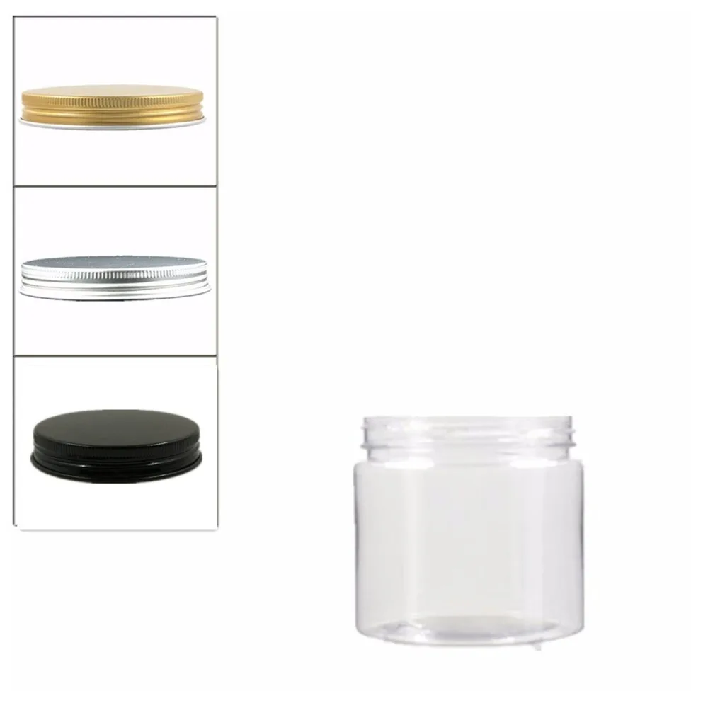 

10pcs/lot 180ml clear round pet jar bottle container with sliver/gold/black aluminium cap lids for Cosmetic,food, Packaging,