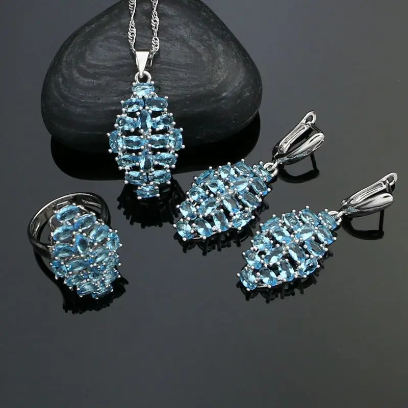 

925 Sterling Silver Jewelry Sets For Women Party Decoration Sky Blue Cubic Zirconia Earrings Ring Necklace Pendant Set