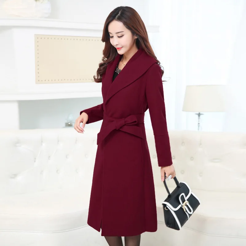 

Fashion Solid Long Winter Fashion Wool Coats Elegant Wool Blend Coat and Jacket with Sashes Coat Femenino Big Size
