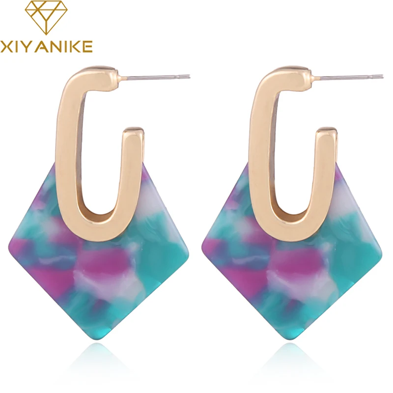 

XIYANIKE 2018 New Unique Design Metal U Shape Geometric Colorful Acid Acrylic Resin Drop Earrings For Woman Brincos E1073