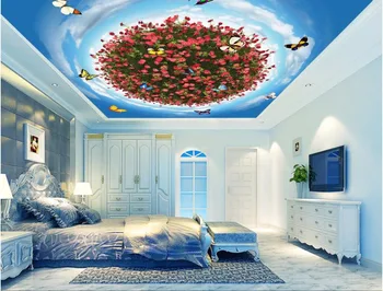 

Custom photo 3d ceiling murals wallpaper home decor painting Red flower butterfly sky 3d wall murals wallpaper for living room