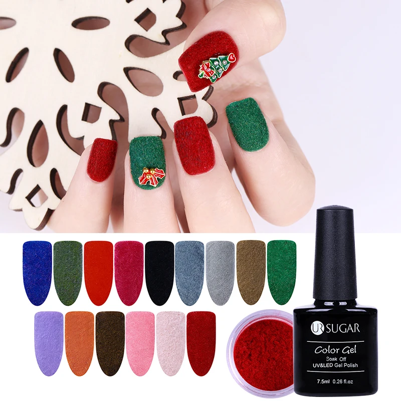 2Pcs UR SUGAR Xmas Velvet Nail Glitter Colorful Gel Polish Set Christmas Nail Art Gel Polish Varnish Lacquer Nail Powder 7.5ml