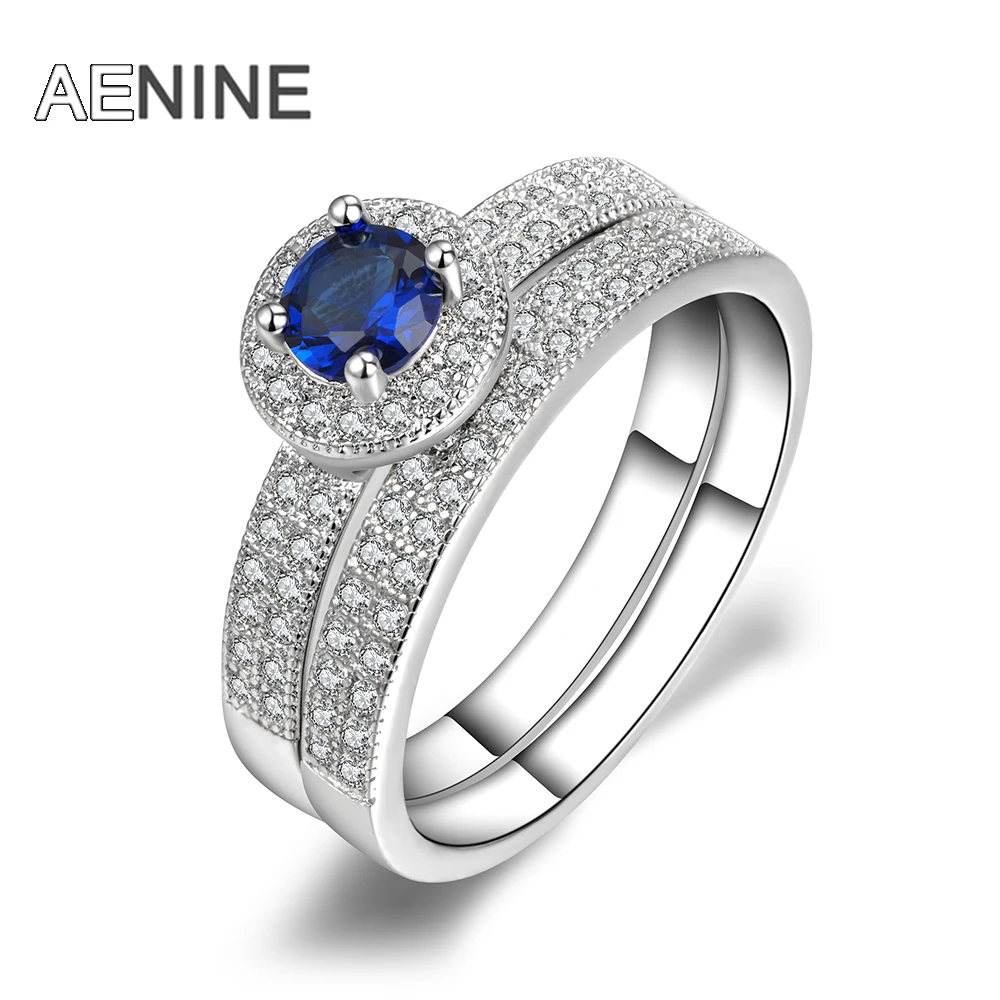 AENINE Роскошные 1Ct круглые синие фианиты 4 оправа с крапанами серебряного цвета кольца для пар Свадебные украшения R170850400P
