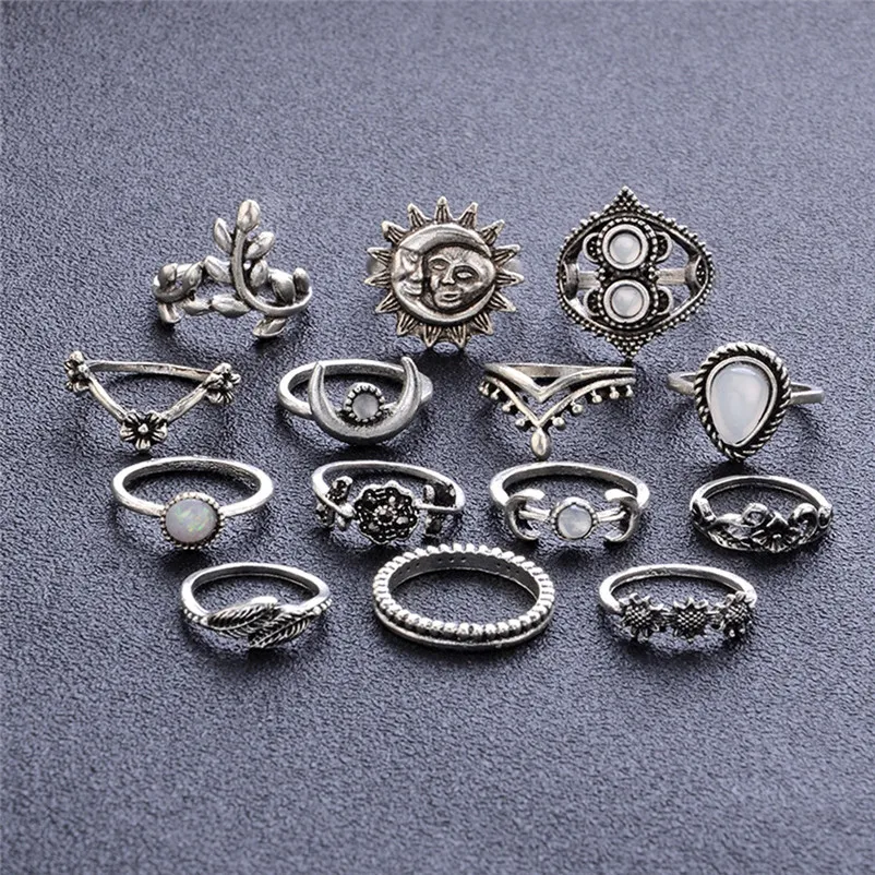 2018 Hot New Arrival Fashion Women Bohemian Vintage Silver Stack Rings Above Knuckle Blue Rings for women Ring Set J19#N (1)