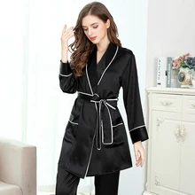 Женские шелковые пижамные комплекты, женские черные длинные рукава, комплект из двух предметов, женская шелковая ночная рубашка для сна и отдыха, одежда для сна