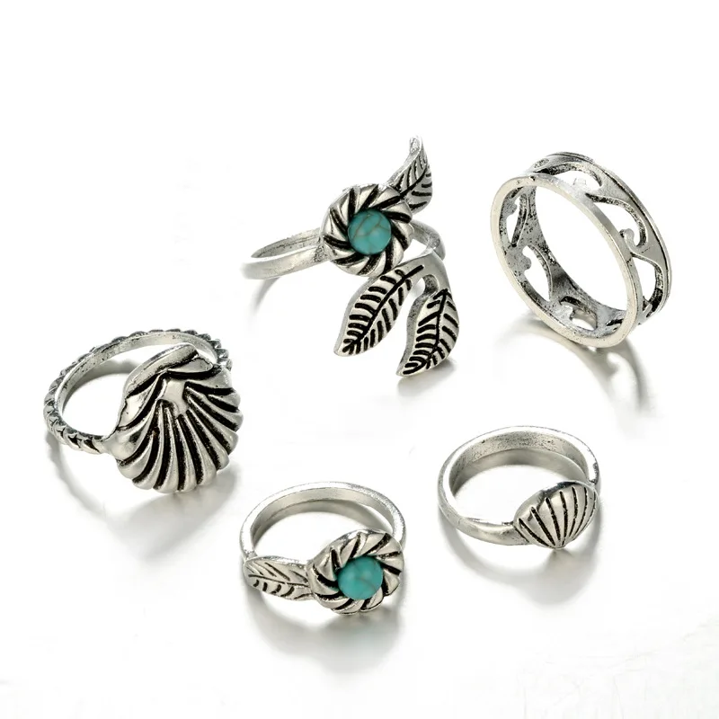 5 pieces/set Vintage Shell Shark Midi Rings Set For Women Blue Stone Tibetan Animal Carved Boho Ring Jewelry Knuckle Rings 5 pieces/set Vintage Shell Shark Midi Rings Set For Women Blue Stone Tibetan Animal Carved Boho Ring Jewelry Knuckle Rings