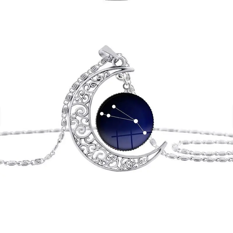 

Moon Stars Zodiac Sign Necklace Cancer Gemini Leo Cabochon Pendant Twelve constellations Women Long Chain Glass Dome Jewelry