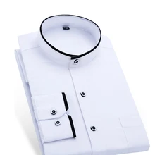 Летняя мужская рубашка с воротником-стойкой и длинным рукавом, приталенная одноцветная мужская деловая повседневная одежда, рубашки белого/черного цвета