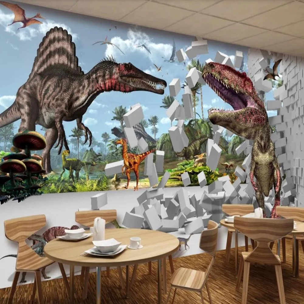 3D Stereo Dinosaurs Wallpaper Mural Brick Wall Paper Rolls for Kids