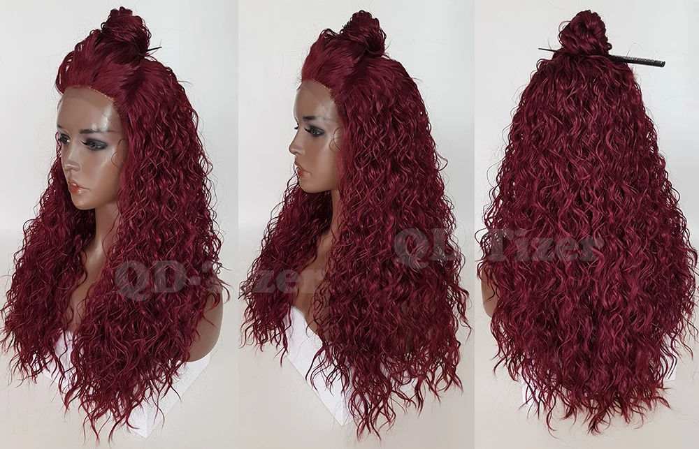 QD-Tizer Burg Color Loose Curly Lace Front Wigs Heat Resistant Fiber Hair Burgundy Gluelee Synthetic Lace Front Wigs for Women6