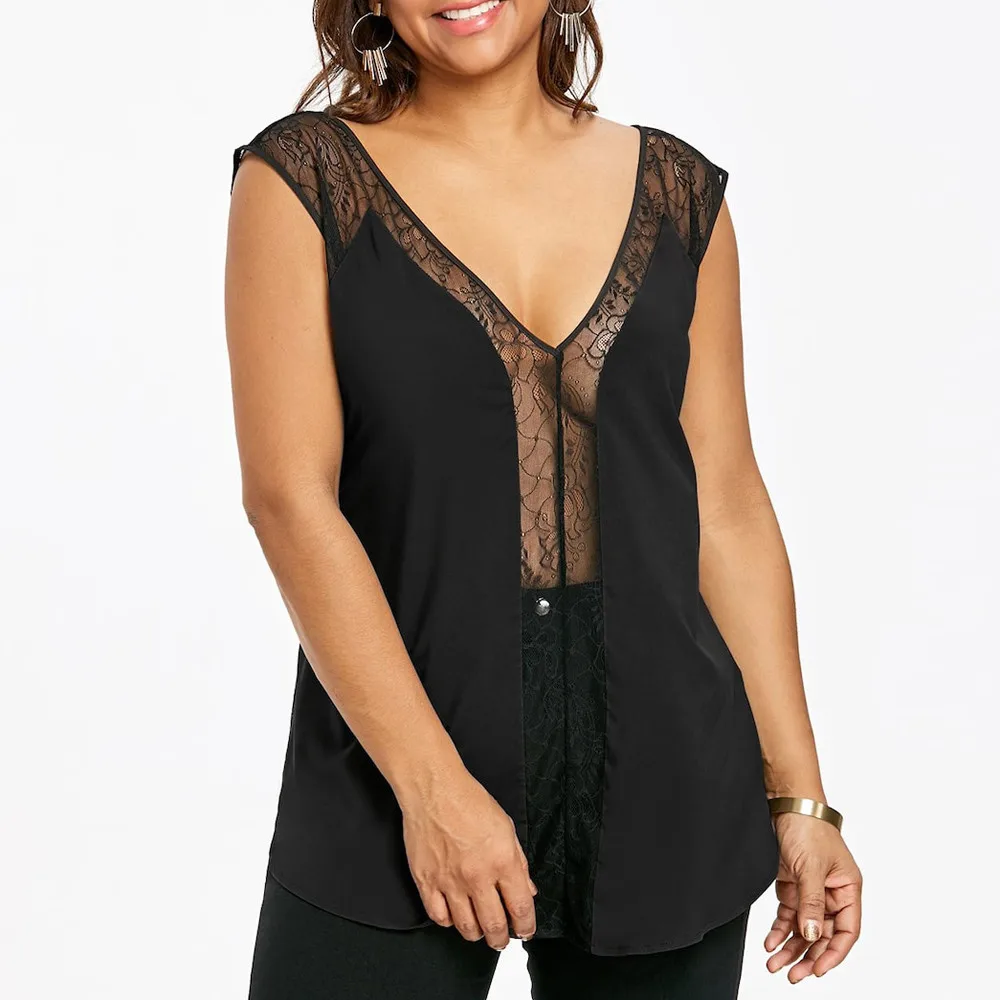 

Fashion Women soild Plus Size Lace Panel Sheer Low Cut Hollow Out Perspective