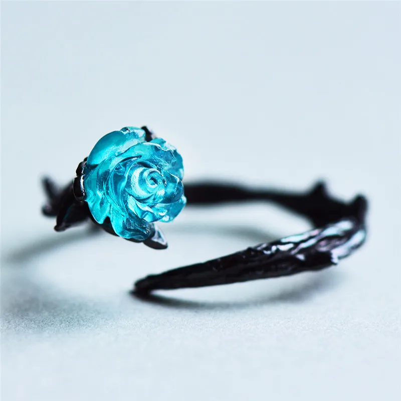 Cute Female Blue Rose Flower Ring 925 Sterling Silver