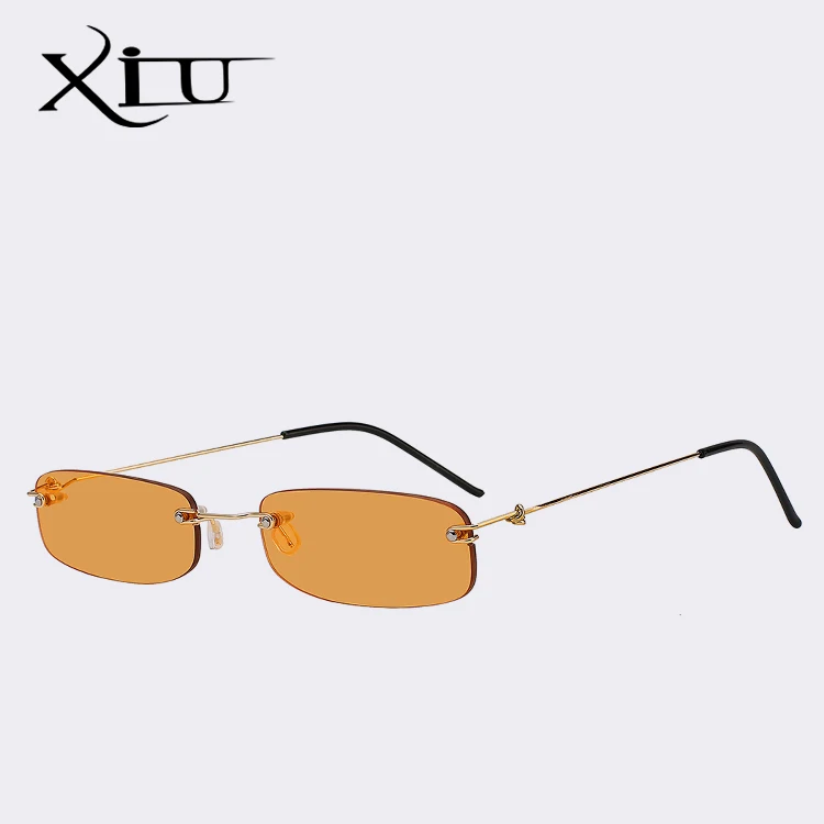 XIU, металлические солнцезащитные очки без оправы, для мужчин и женщин, модные, брендовые, Ретро стиль, дизайнерские, квадратные, черные, очки, UV400 - Цвет линз: Gold w orange