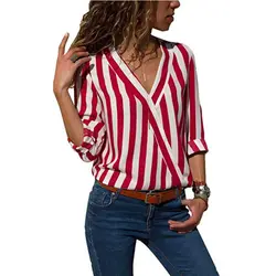 Плюс Размеры Новый 2018 Осень Сексуальная V шеи Для женщин рубашки блузка в полоску с длинным рукавом Нерегулярные офисная блузка рубашка Mujer