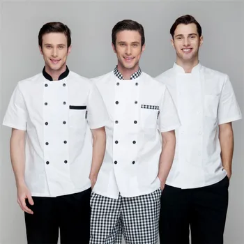 

Wholesale Retail Checkedout Custom Logo Solid Chef Uniform Men Polyester Cotton Waiters Uniforms S-3XL Free Shipping