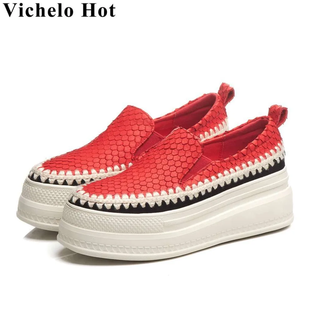 

Vichelo Hot real cow leather thick high bottom slip on loafers flat platform round toe sewing ventilated vulcanized shoes L58