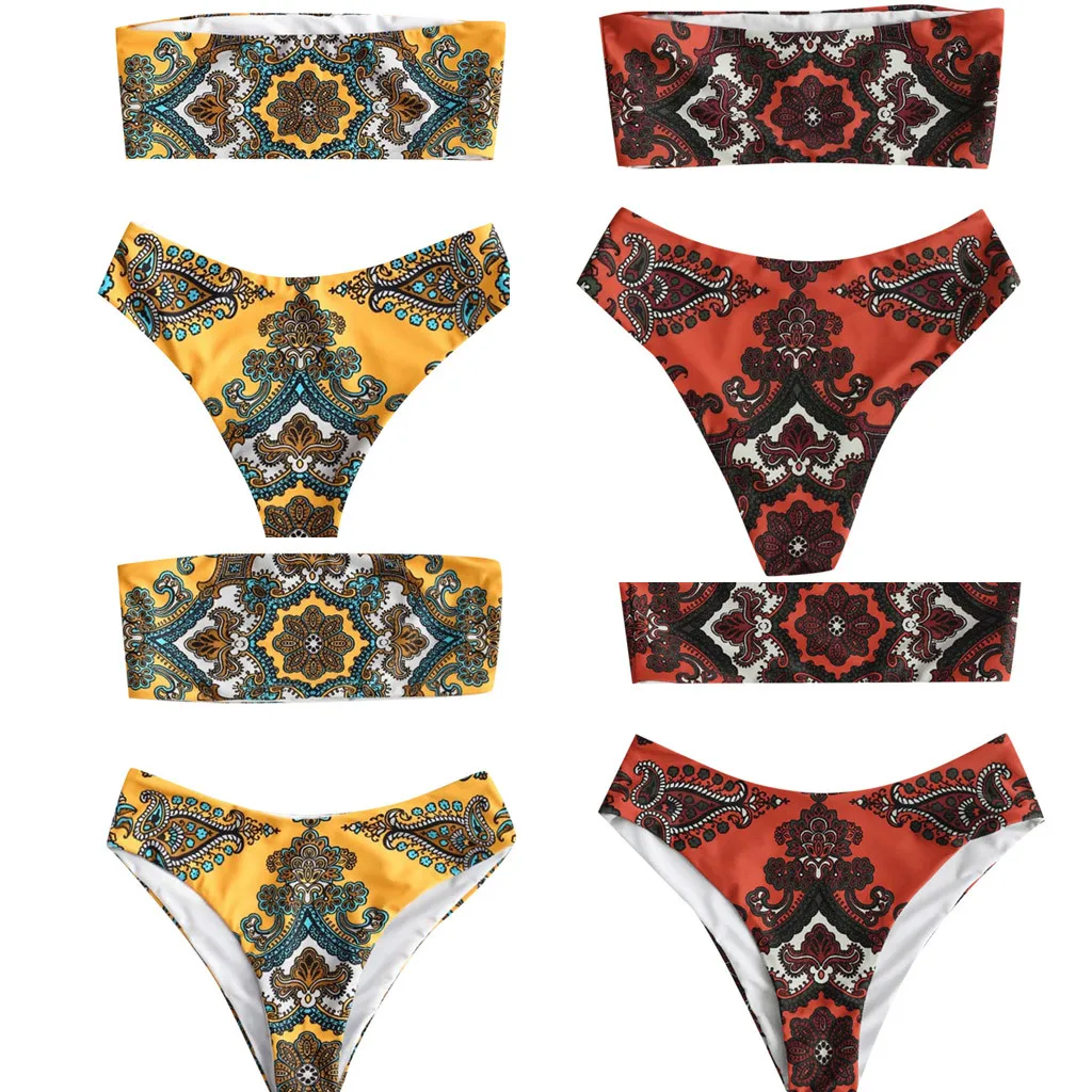 

Bikini 2019 Set Vintage Floral Printed Swimsuit Strapless Wire Free Bathing Suit Swimwear Bandeau Bikini Set Swimming Suits 4p