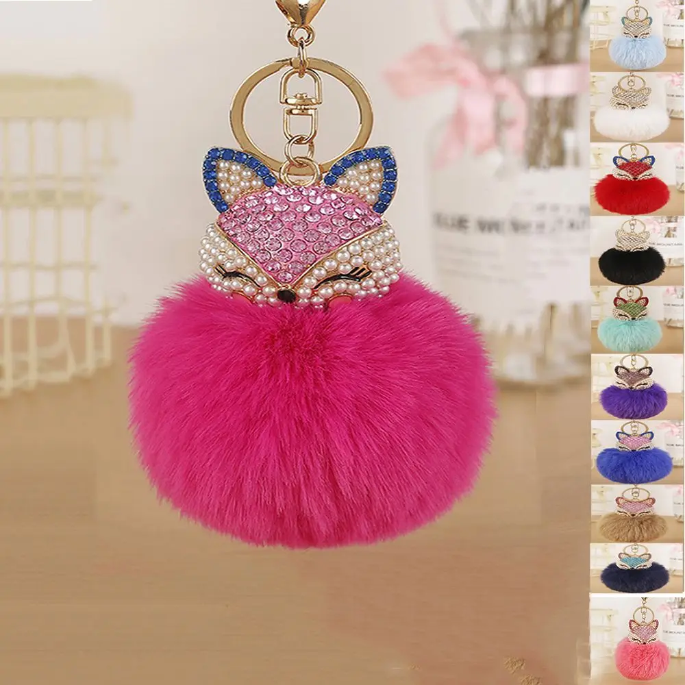

1 pc Cute Rhinestone Fox Fluffy Faux Fur Ball Pompom Keychain Car Lady Bag Holder Cartoon Animal Keychain Warm And Lovely