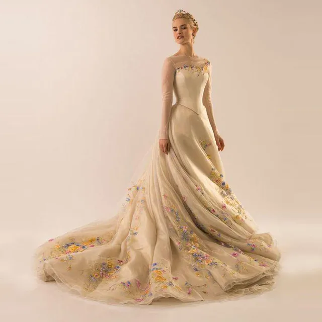 Haute Couture Light Gold Bridal Dress Sheer Jewel Neck Long Sleeve Mix