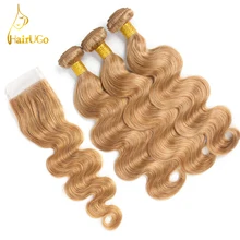 HairUGo Hair Pre-colored Peruvian Body Wave Lace Closure Non Remy 3 Bundles Hair Weave #27 Color Human Hair Bundles With Closure