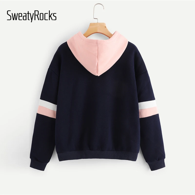 SweatyRocks البحرية التباين لوحة الرباط هوديي البلوز طويلة الأكمام البلوفرات المرأة هوديس 2018 الخريف عارضة سوياتشيرتس
