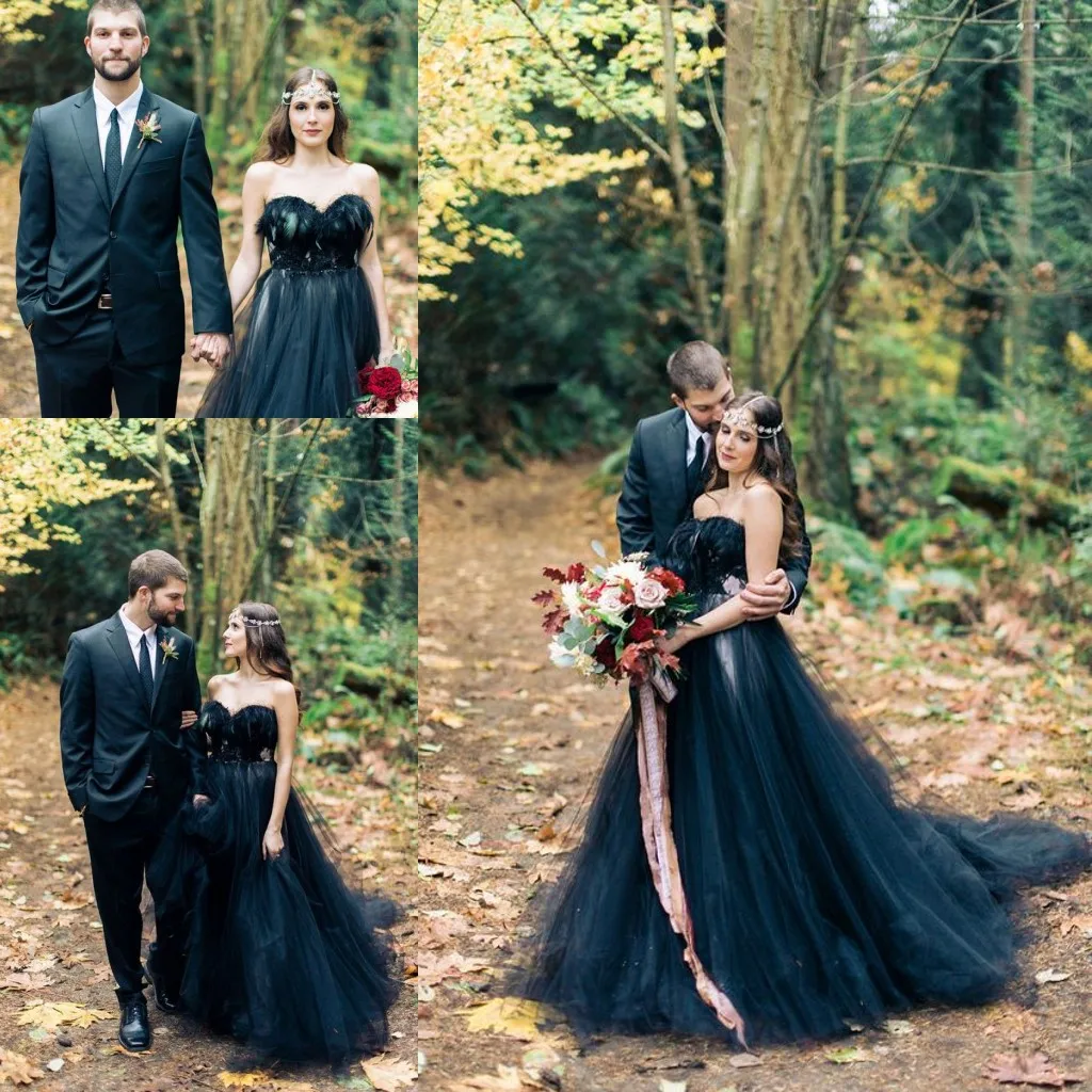 Woodland Nymph in a Black Wedding Dresses vintage retro feather strapless bohemian sweep train gothic wedding gown