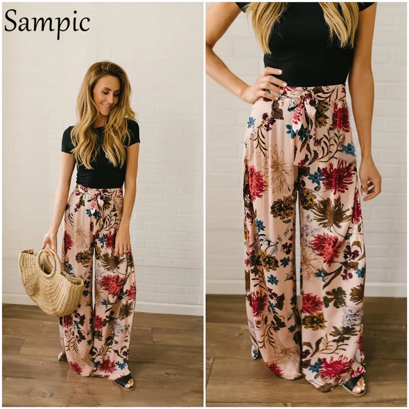 Sampic широкие брюки с высокой талией женские свободные пляжные Boho женские брюки повседневные брюки с цветочным принтом розовые пояса летние длинные брюки