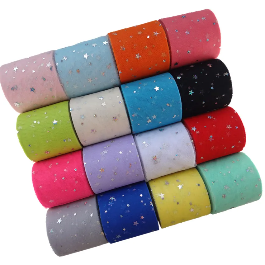 

25Yards/roll 7.5cm Tulle Roll Glitter Silver Star and Moon Ribbon DIY Organza Fabric Tutu Dress Baby Shower Party Supplies