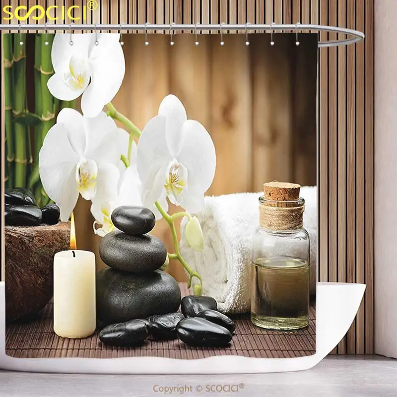 

Polyester Shower Curtain Spa Decor Asian Spa Style Decoration with Zen Stones Candle Flowers and Bamboo White Green and Black