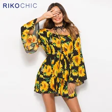 

RIKOCHIC Sunflower Print Swing A Line Summer Dress Women Long Flare Sleeve colorful Boho Floral Off shoulder Party Dresses C241