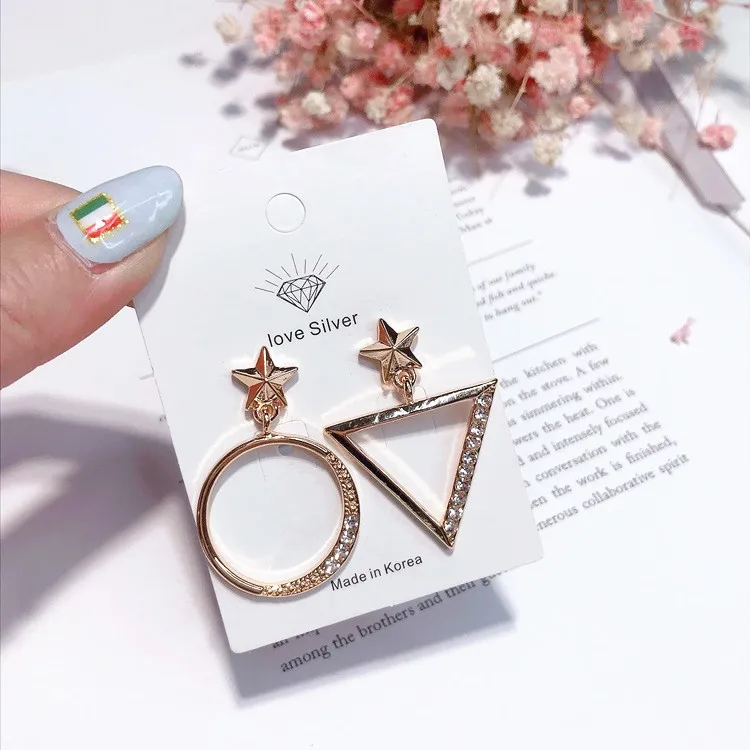 triangle round cz asymmetric earring 925 silver pin Hypoallergenic fadeless alloy fashion jewelry stud earrings women girl gift