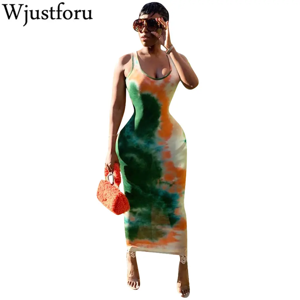 

Wjustforu Casual Print Long Dress Tie dyeing Women Spaghetti Strap Sleeveless Bandage Dress Summer High Waist Party Dress Slim