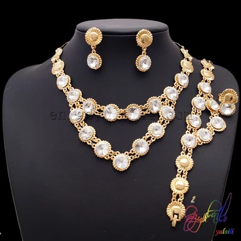 

2016 American new arrival hotsale regular round flower shape chain with big crystal clear rhinestone jewellery sets