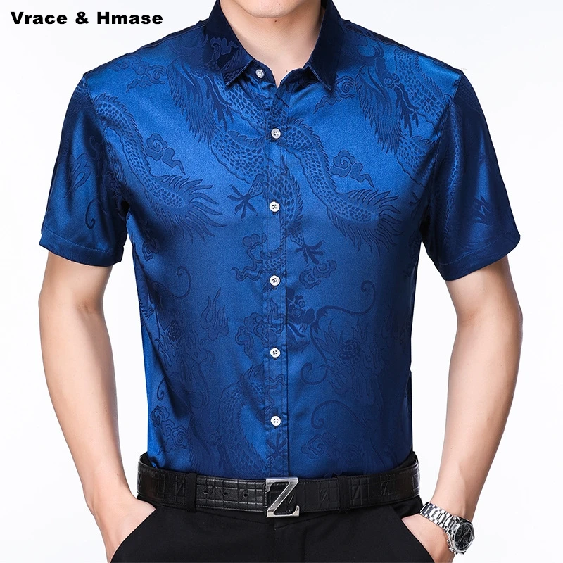 

Chinese style dragon pattern printing fashion loose luxury short sleeve shirt Summer 2018 New quality silk soft shirt men M-XXXL