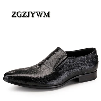 

ZGZJYWM New Black/Red Mens Oxfords Crocodile Pattern Slip-On Pointed Toe Genuine Leather Business Formal Men Wedding Shoes