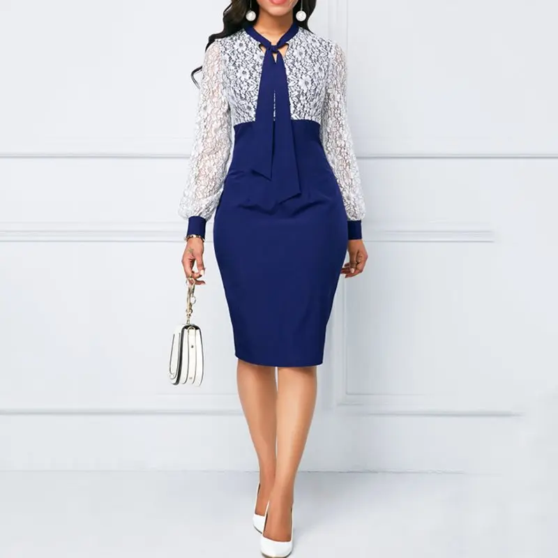 Blue Lace Puff Sleeve Bodycon Dress