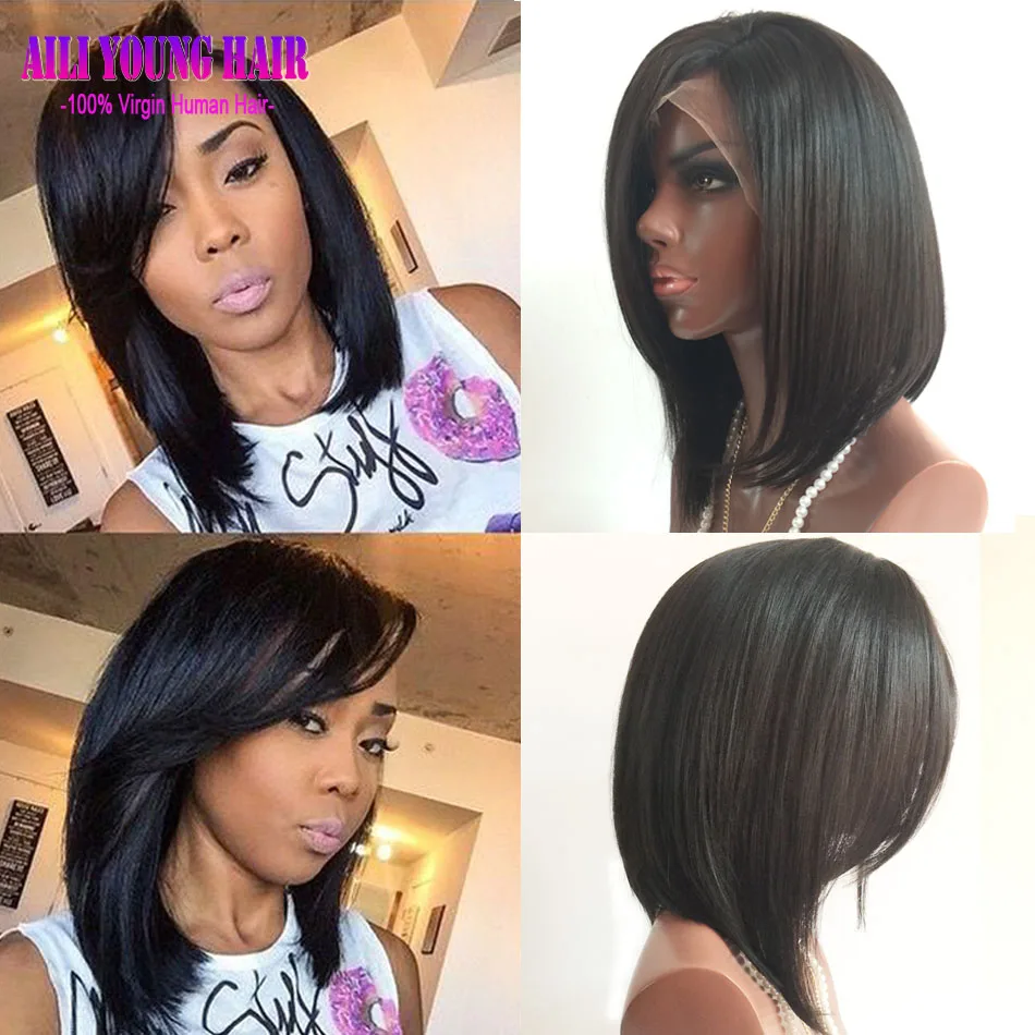 

7A Peruvian Human Hair Short Bob Wig Glueless Bob Lace Front Wigs With Side Bangs Full Lace Human Hair Bob Wigs For Black Women