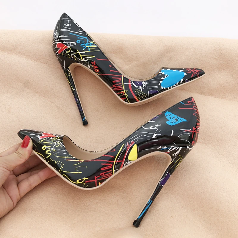 

Free shipping fashion women Pumps lady BLACK Graffiti leather point toe high heels shoes thin heeled 12cm 10cm 8cm Stiletto