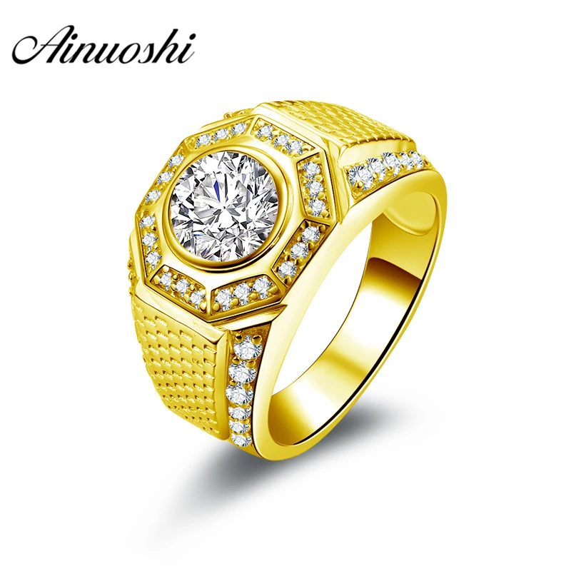 

AINUOSHI Luxury 10K Solid Yellow Gold Men Ring Octagonal Halo Ring Engagement Wedding Male Jewelry 10.5g Generous Wedding Band