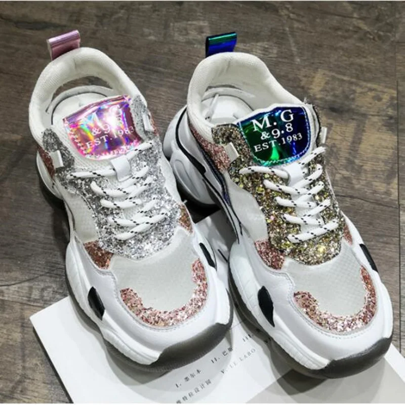 

Fashion Women 2019 Chunky Sneakers Sequin Outdoor Sport Sandals Girl Mesh Tape female Summer Breather Increase Dad Shoes