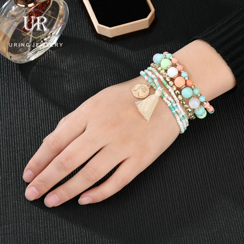 

Beauty Coin Multilayer Beads Charm Bracelets for Women Black White Colorful Tassel Bohemia Style Jewelry KB239 KB240 KB241