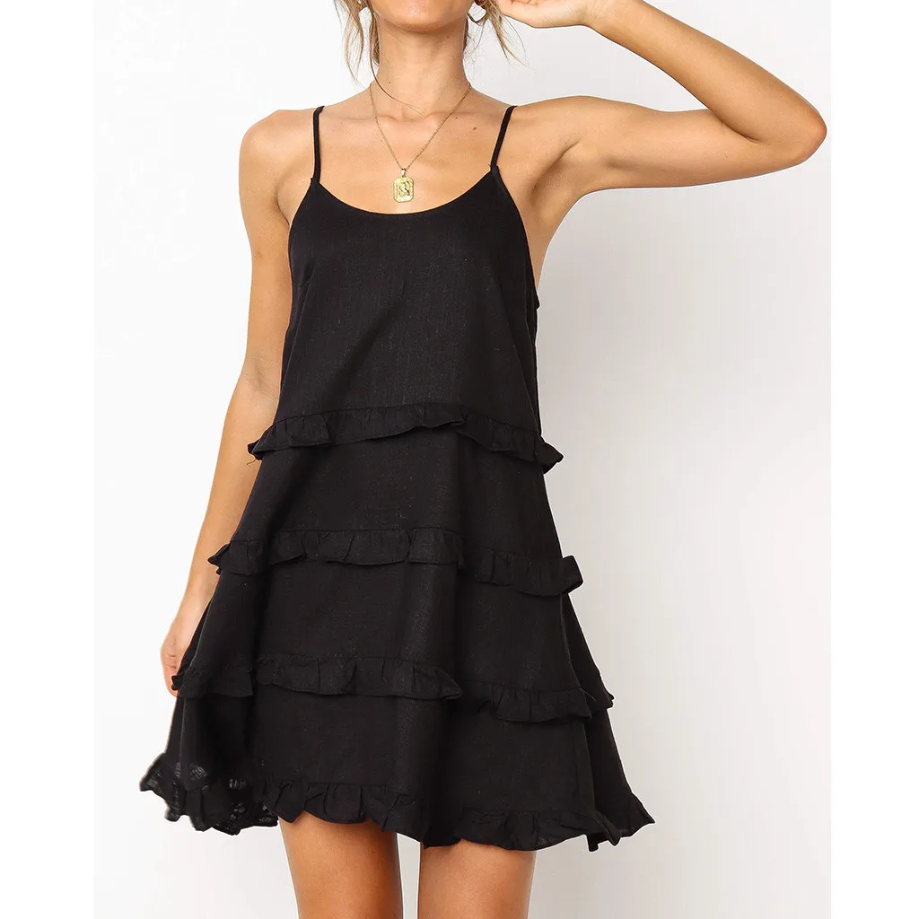 

Womens Summer Dress Casual Natural Solid Color Sleeveless Sling Ruffle Mini Dress Fashion dresses woman party night vestidos NEW