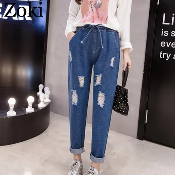 

Zoki Plus Size Spring Women Ripped Jeans Washed Elastic Waist Blue Harem Denim Pants Korean Pure Cotton Pockets Street Wear 2020