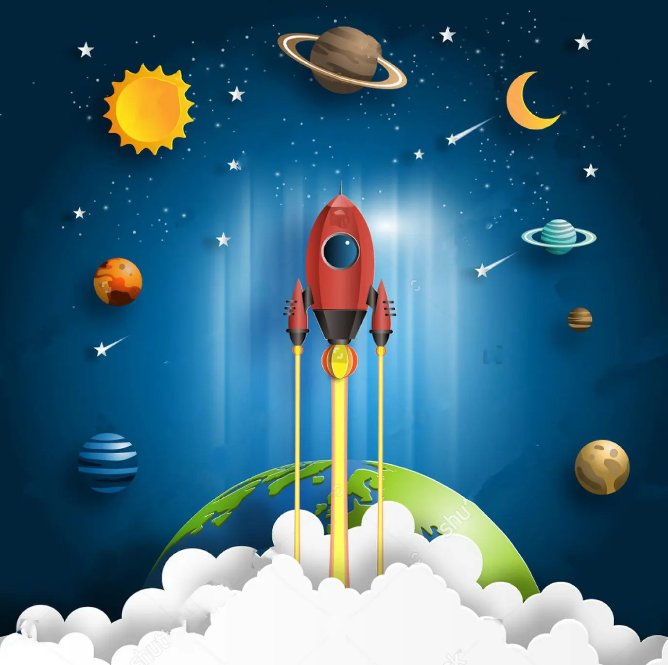 

Paper Rocket Planet Crescent Moon Cosmic Galaxy Space Star Earth Cloud backdrops Computer print children kids backgrounds