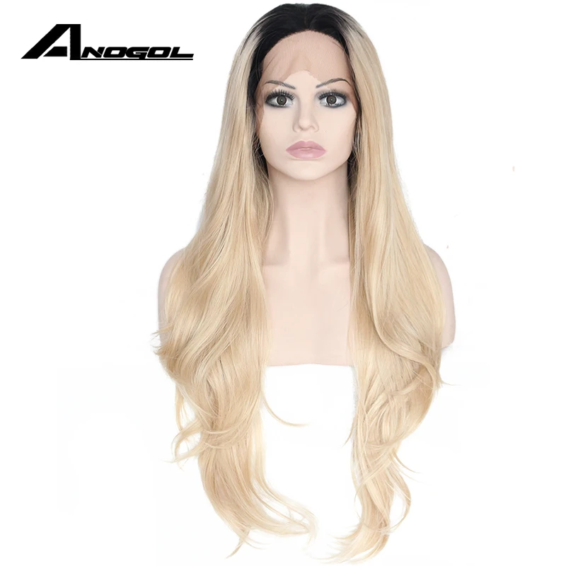 

Anogol High Temperature Fiber Peruca Cabelo Deep Black Ombre Blonde Long Natural Wave Synthetic Lace Front Wig For Women Costume