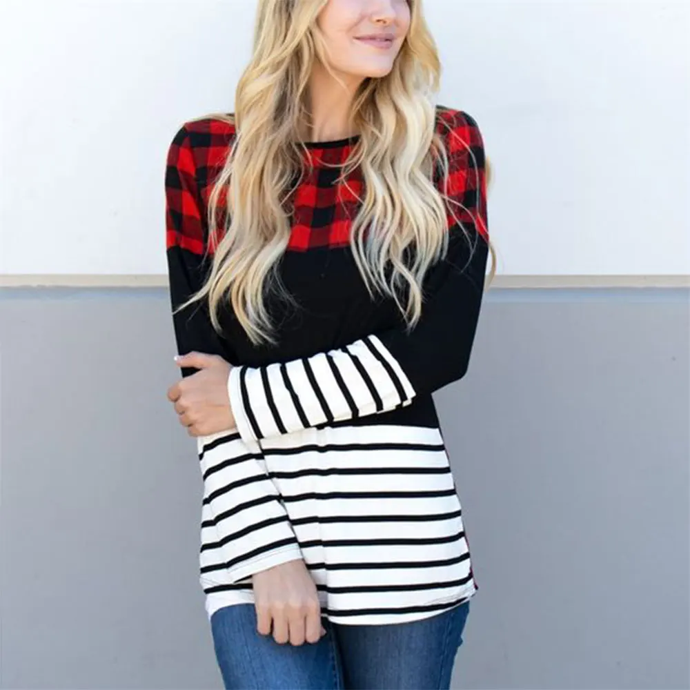 

Vessos Women Causal Loose Funny Full Long Sleeve Plaid Strip Patchwork shirt Tunic Pullover Tops Autumn Winter Tees