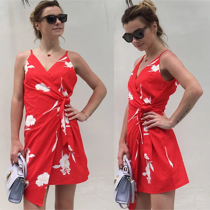 yinlinhe Red Floral Summer Dress Backless V neck Sexy Strap Dress Women Sleeveless Bow Tie Irregular Elegant Vestidos