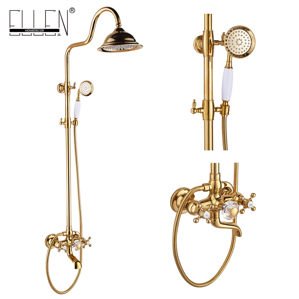 Goedkoop Luxe Crystal Gold Brass Bad Douche Set Douche Kraan Regendouche + Bad Kraan + Handdouche EL3305