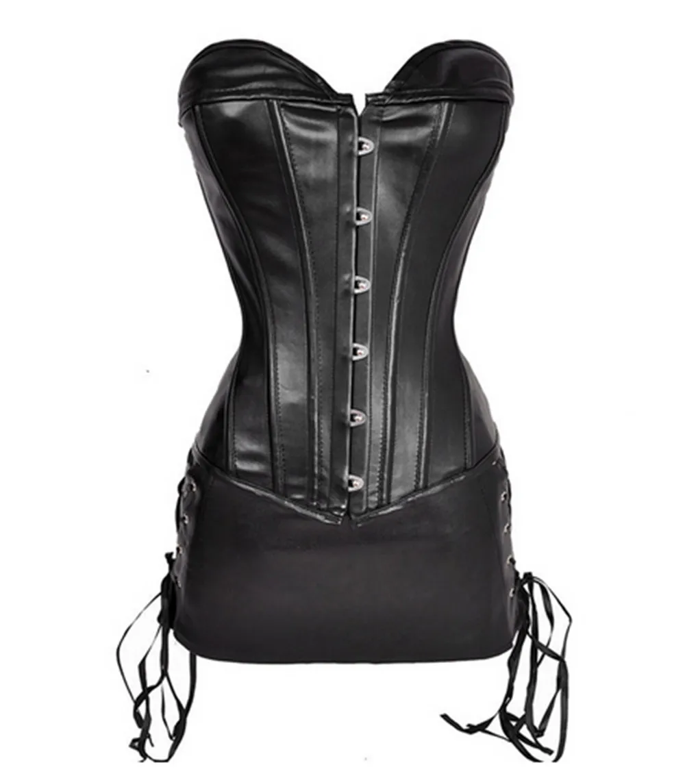 

Steampunk Corset Sexy Womens Corset Dress Gothic Body Shaper Mini Skirt Dress Strapless Black Faux Leather Overbust Plus Size