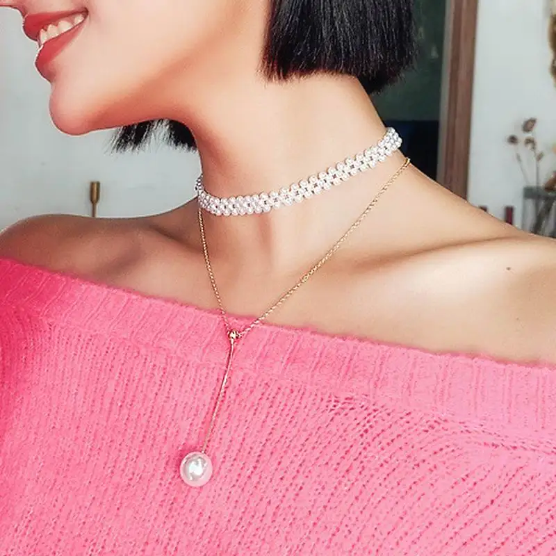 

Women Double Layers Long Necklace 2019 Fashion Simulated Pearl Weave Choker Jewelry Handmade Elegant Collares Gifts